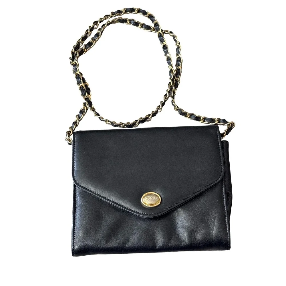 Monet Vintage Black Leather Crossbody Bag Gold Chain Strap Small Envelope Purse